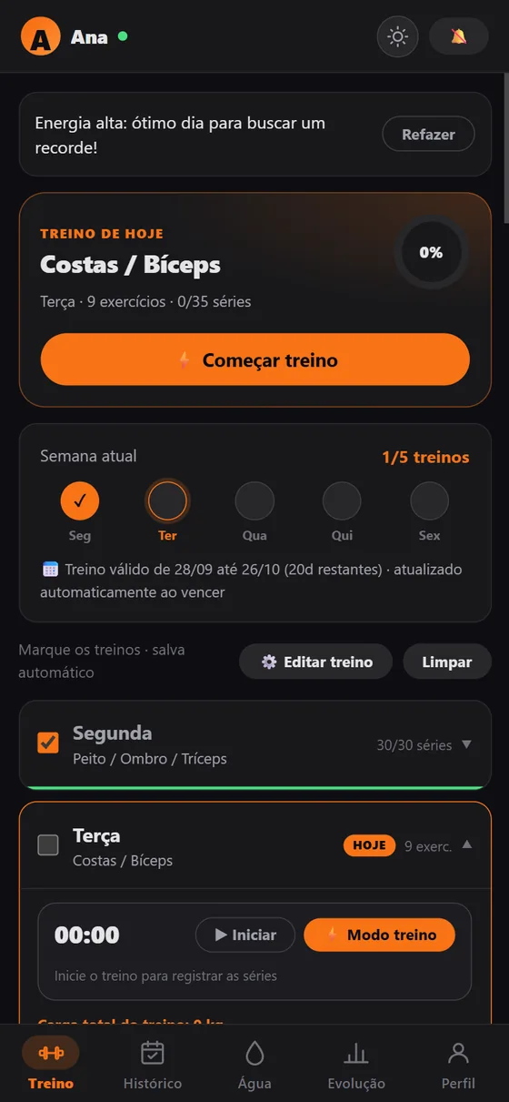 Tela Treino do EAFIT: treino de hoje Costas e Bíceps com botão Começar treino, semana atual e lista dos dias